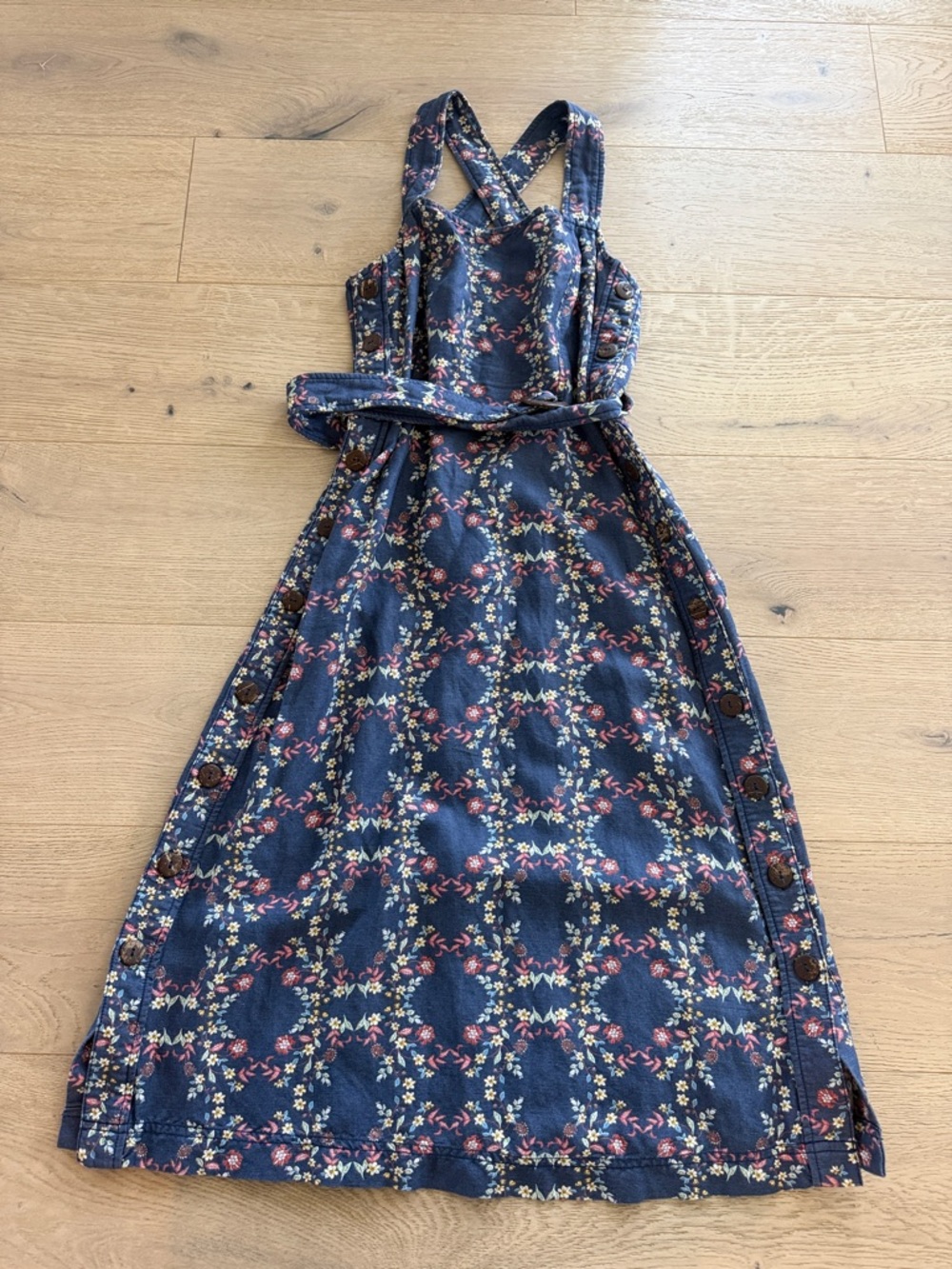 Current Air Floral Chambray Linen Blend Midi Dress Belted Side Buttons Small